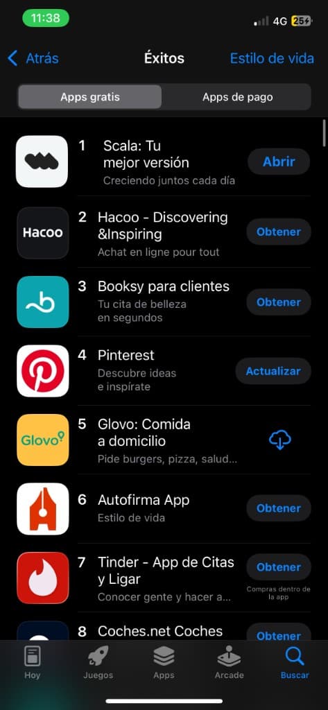 Scala en el Nº1 de apps gratis de Estilo de vida en la App Store de España, por delante de Pinterest, Glovo y Tinder